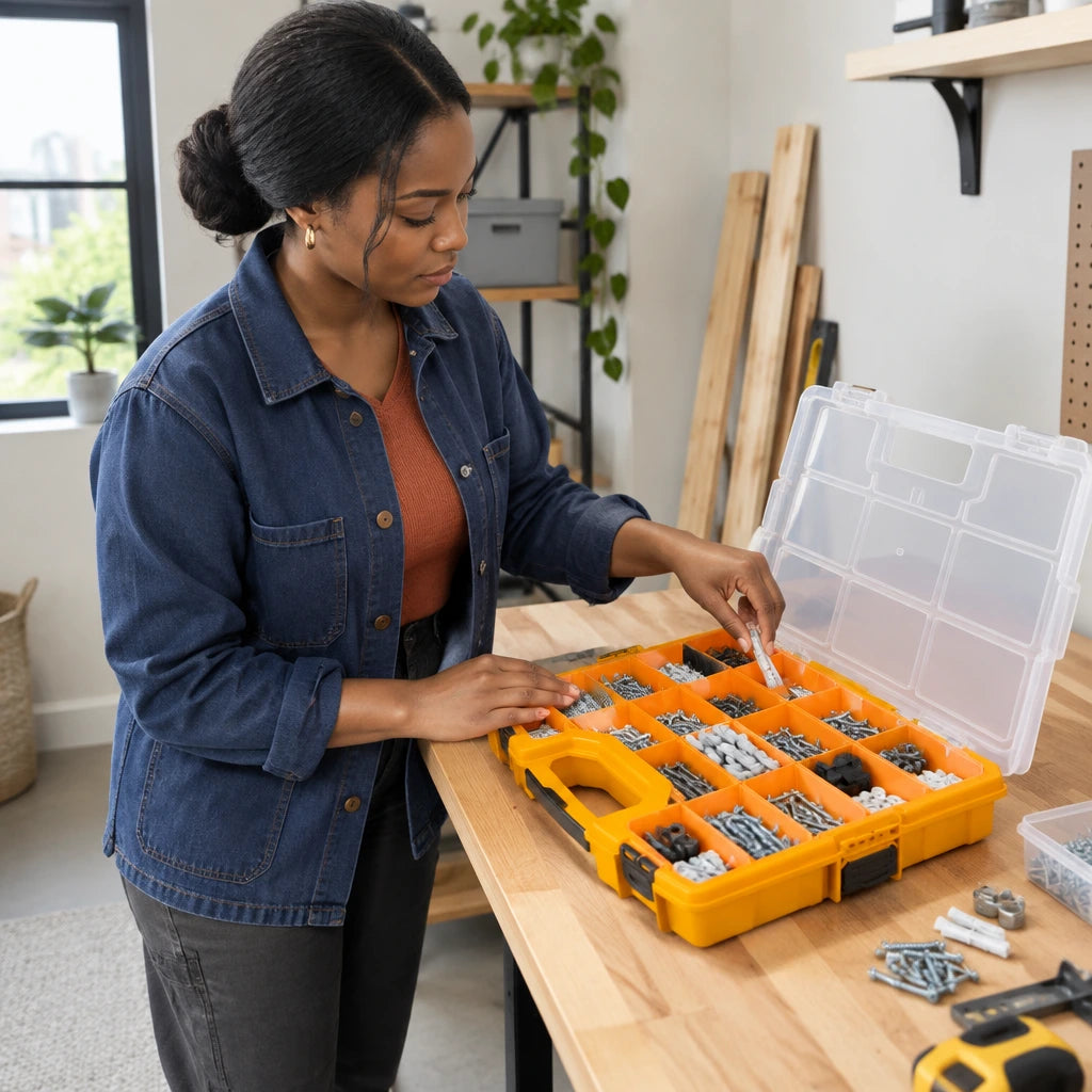 African American homeowner sorting screws and wall fittings into an open Ingco PBX1711 compartment organiser at a home workbench