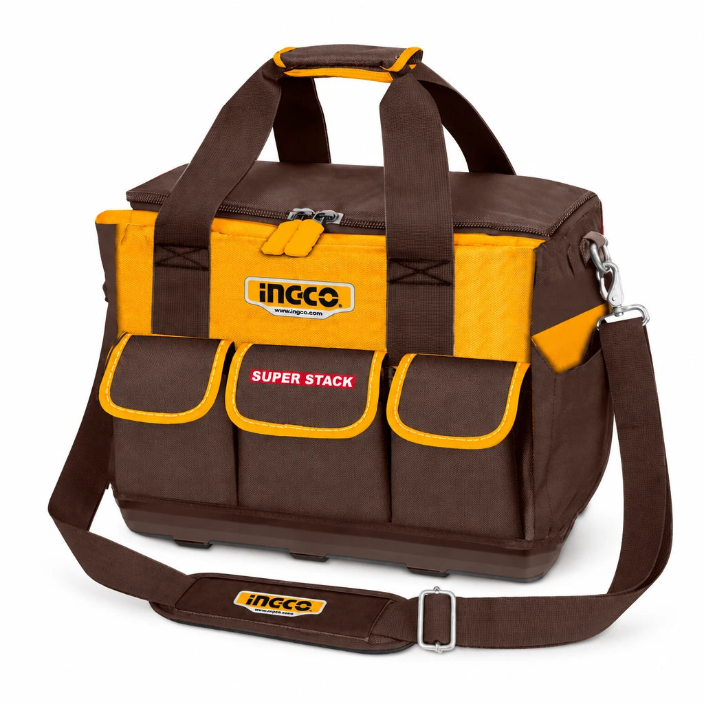 Ingco HTBG12 16-inch brown and orange polyester tool bag with shoulder strap and reinforced base on a white background
