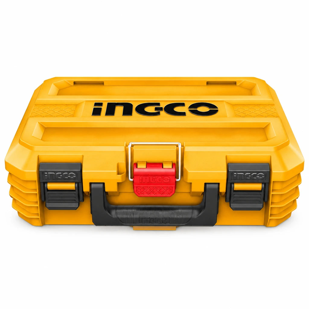 Ingco PBXS101 16-inch yellow stackable plastic tool box with black handle and red latch on white background