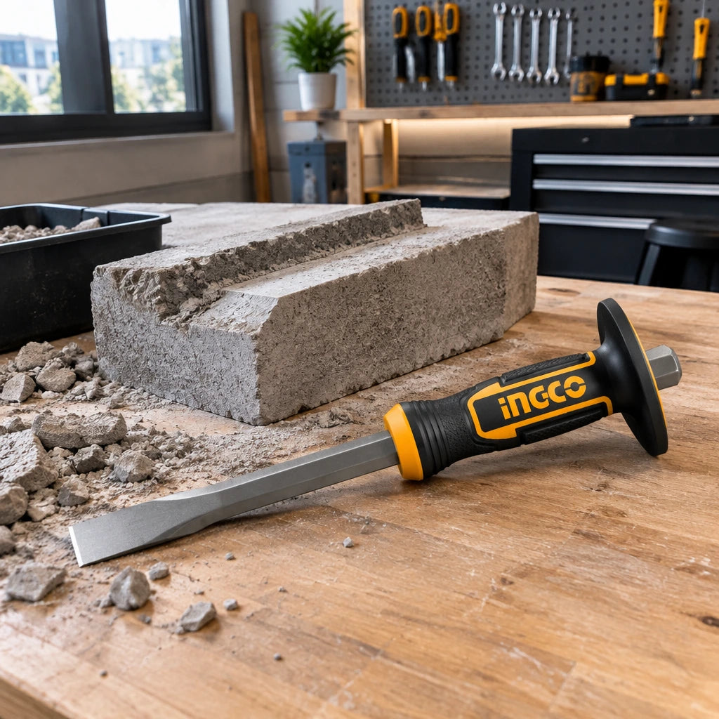 Prepared masonry edge with an Ingco HCCL832519 flat cold chisel resting on the workbench