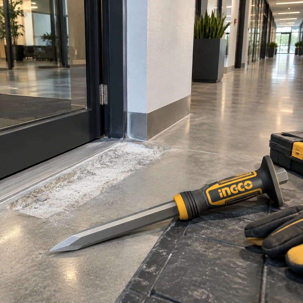 Prepared concrete repair area with the Ingco HCC830419 pointed chisel resting nearby in a clean commercial corridor.