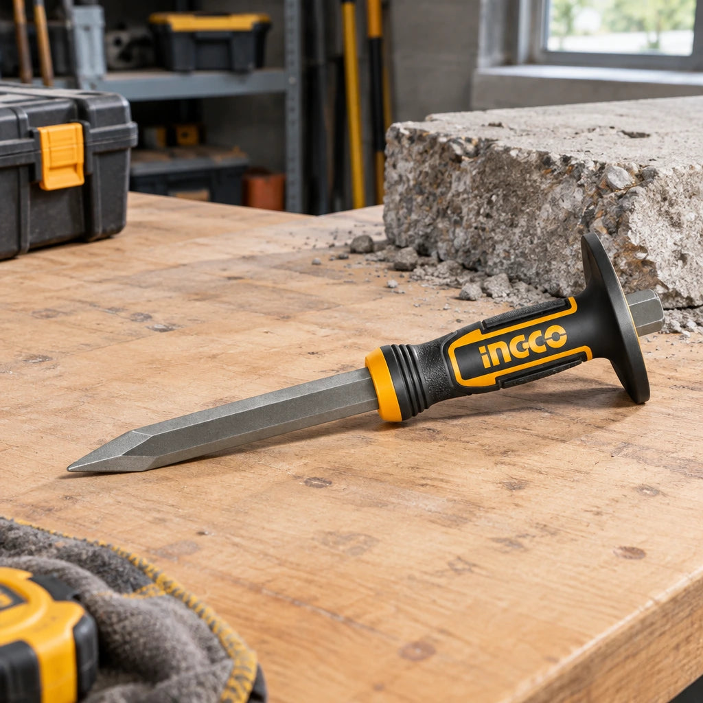 Ingco pointed concrete chisel resting on an organised masonry repair bench beside a concrete work surface.