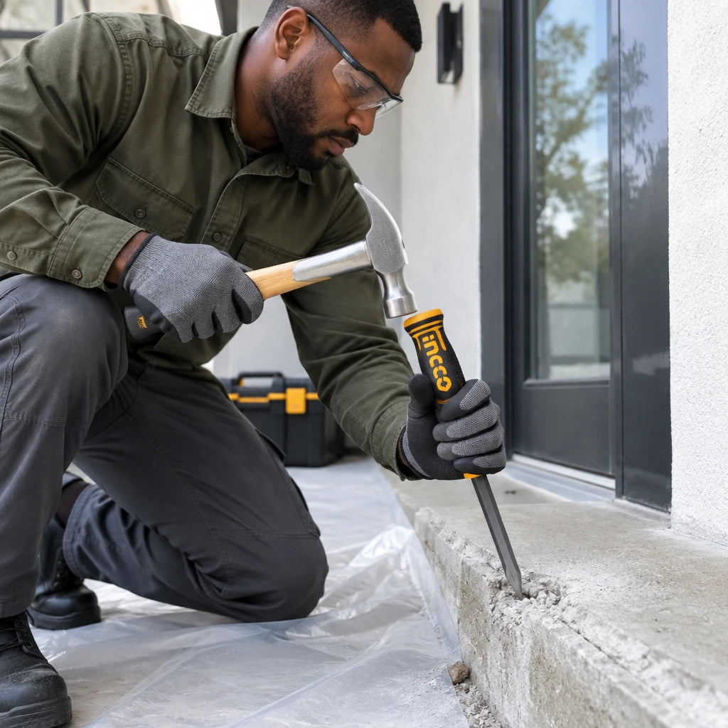 African American masonry technician using an Ingco pointed concrete chisel for controlled localised concrete repair.