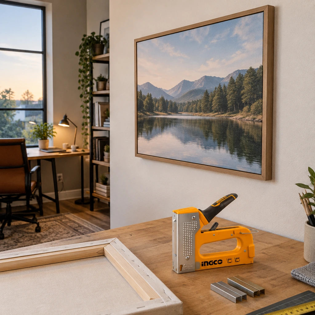 Finished canvas artwork displayed in a contemporary home studio with the Ingco HSG1408 staple gun resting nearby.