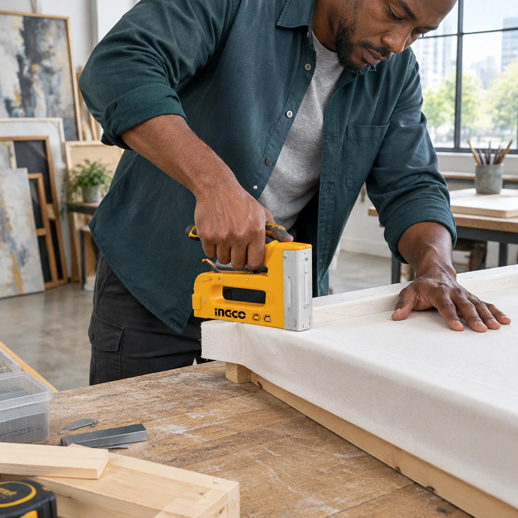 African American craftsperson using the Ingco HSG1408 staple gun to secure canvas to a wooden frame in a professional studio.