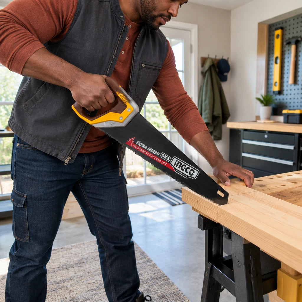 African American homeowner using an Ingco 400mm SK5 hand saw to cut a supported timber shelf board