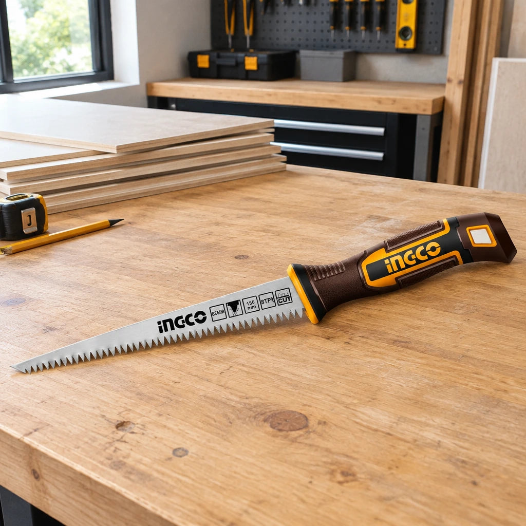 Ingco HWBSW1506 wall board saw resting on a workbench beside supported board panels in a tidy fitting workroom.