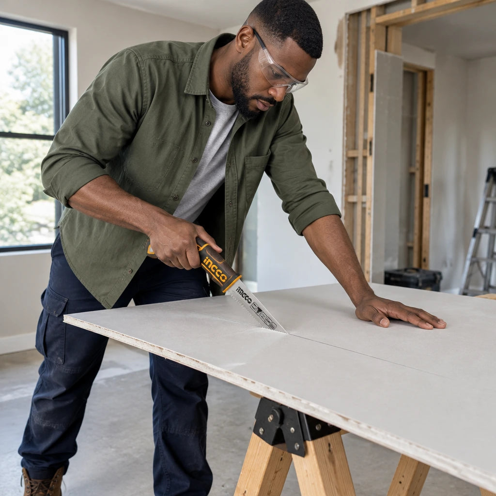 African American board installer using the Ingco HWBSW1506 hand saw to cut a marked wall-board panel on supported trestles.