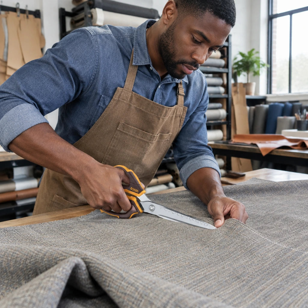 African American upholsterer using Ingco HSCRS25088 construction scissors to cut heavy fabric on a worktable