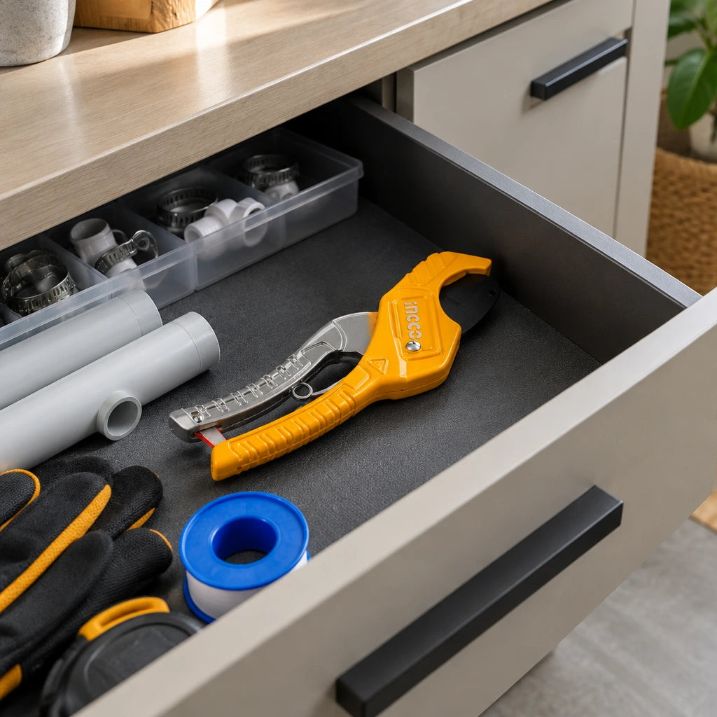 Ingco PVC pipe cutter stored in an organised contemporary home utility room