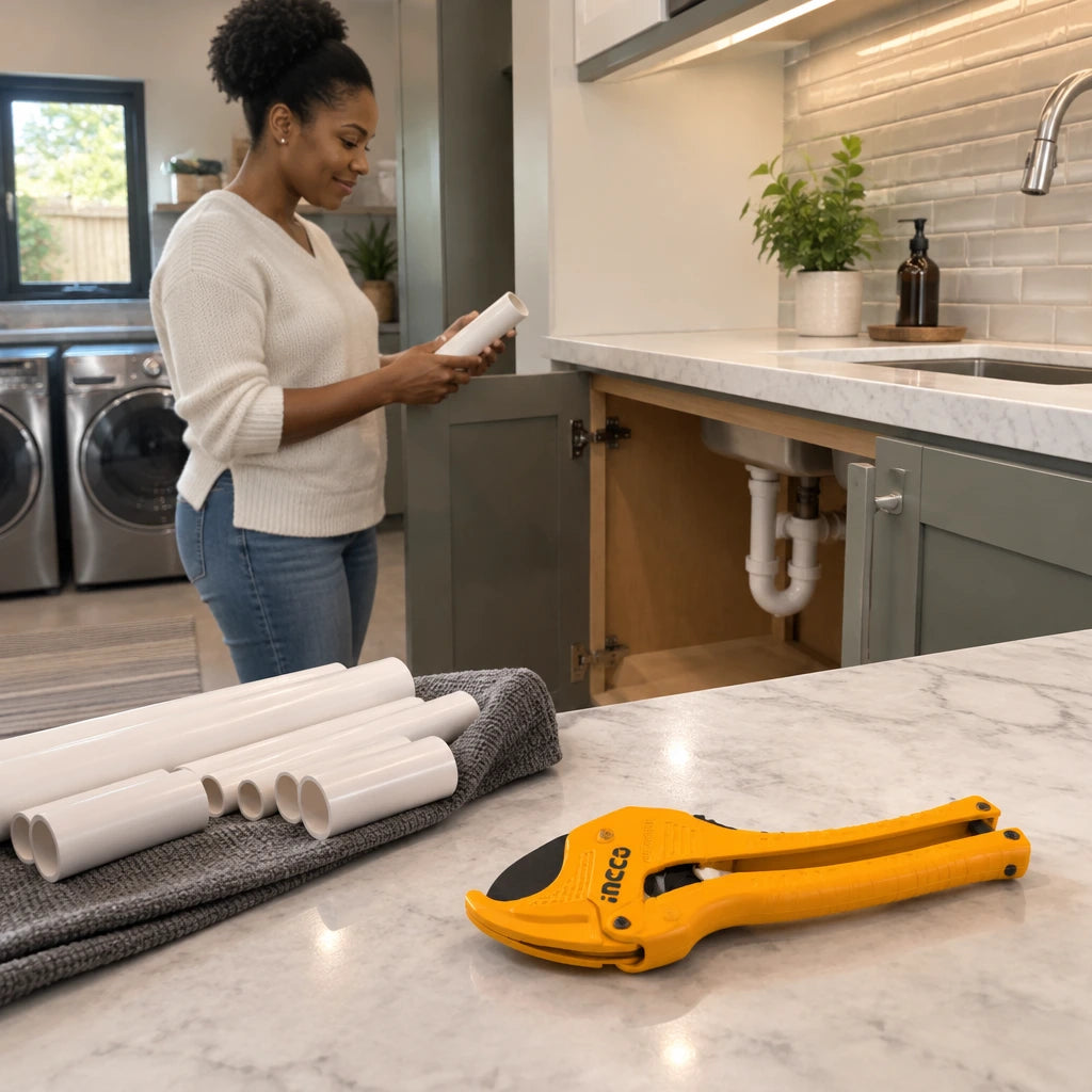 Prepared plastic pipe sections and an Ingco HPC3142 cutter in a tidy contemporary utility room