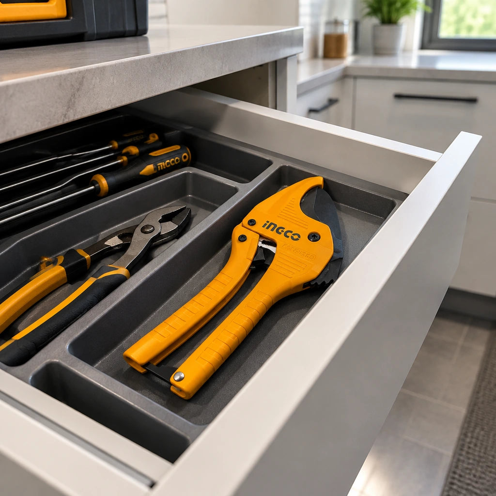Ingco HPC3142 auto-open pipe cutter stored in an organised contemporary utility room drawer