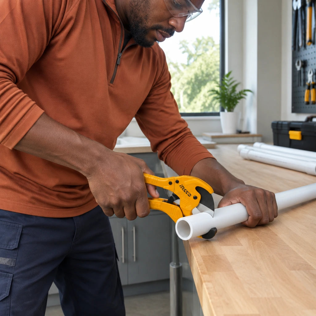 African American plumbing installer using the Ingco HPC3142 to cut compatible plastic pipe in a utility room