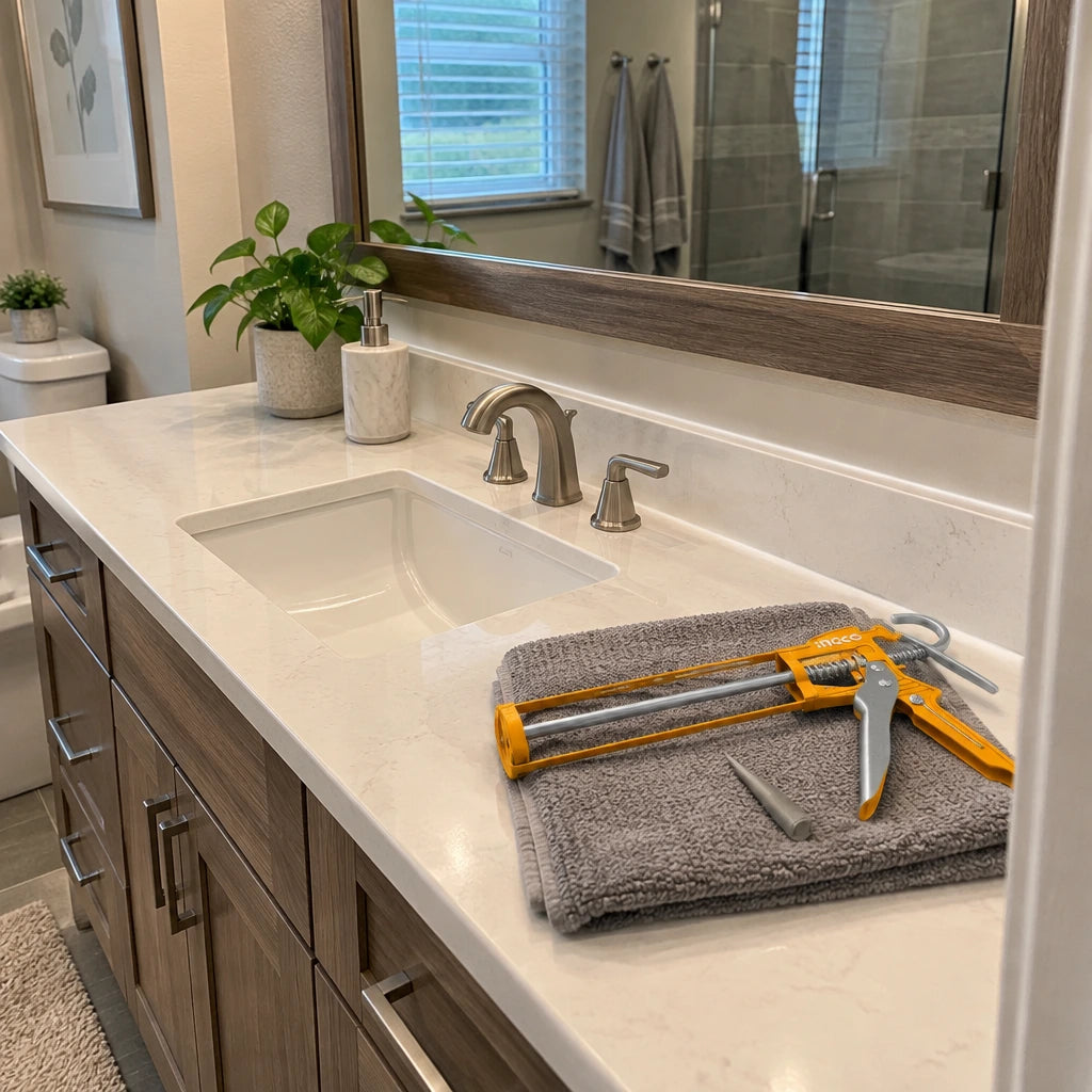Completed bathroom vanity with a neat sealed backsplash joint and Ingco HCG1409 caulking gun resting nearby.