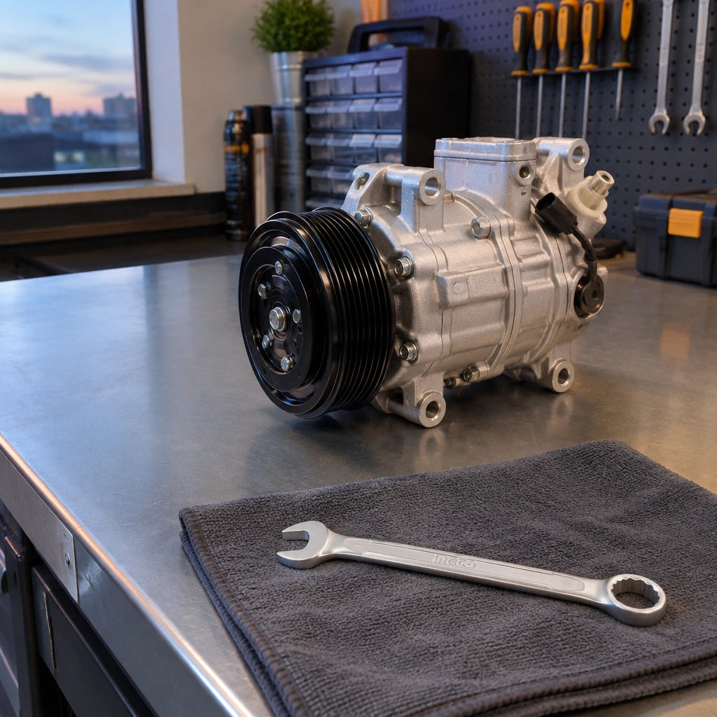 Completed metal equipment assembly with an Ingco 9mm combination spanner resting on a clean professional service bench
