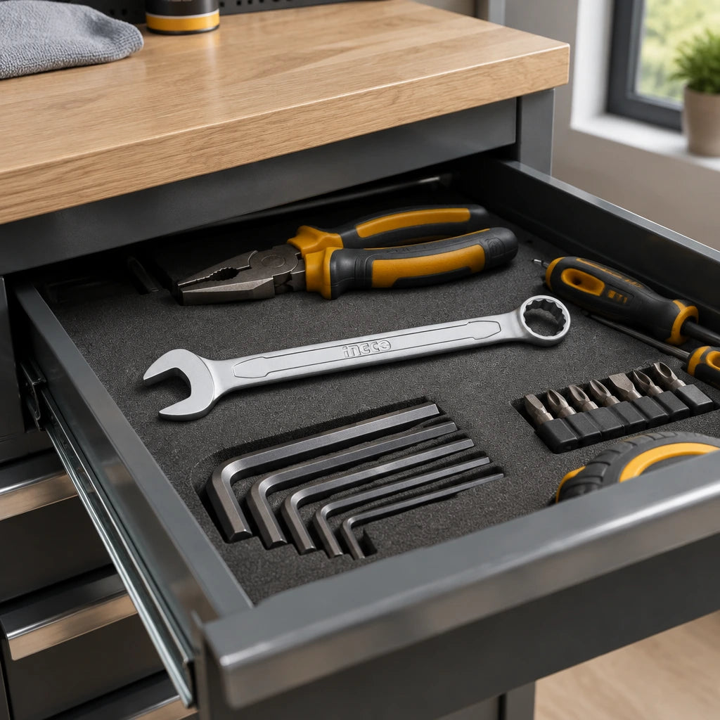 Ingco 9mm combination spanner resting in an organised hand-tool drawer in a contemporary utility room