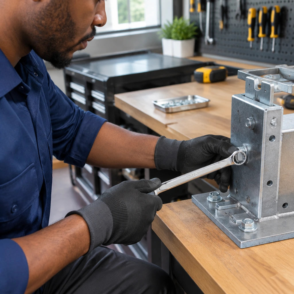 African American maintenance technician using an Ingco 9mm combination spanner to tighten a matching nut on a metal equipment bracket