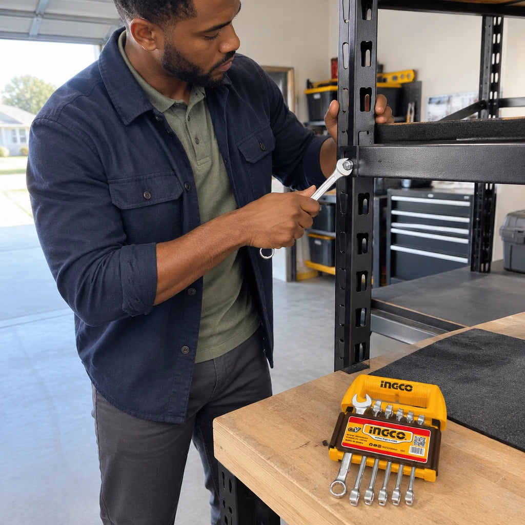 African American homeowner tightening a compatible storage-rack fastener with an Ingco 13mm combination spanner