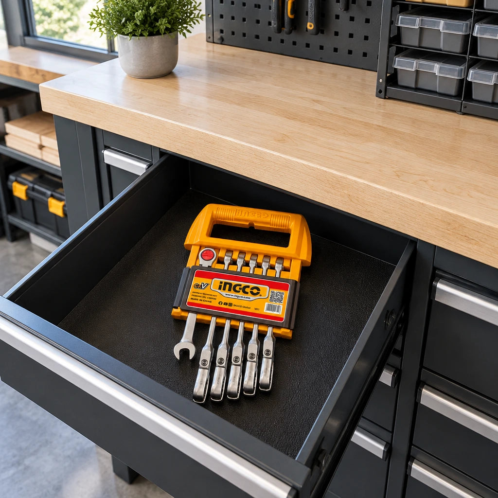 Ingco flexible ratchet spanner set stored in a clean retail-fixture installation workshop drawer