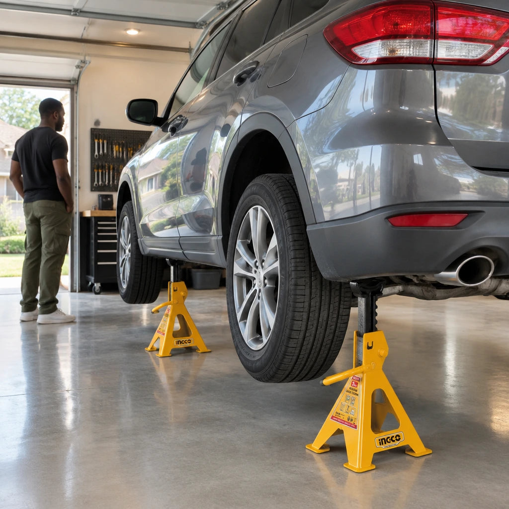 Compatible vehicle securely supported on two Ingco HJS0201 jack stands in an orderly premium garage.