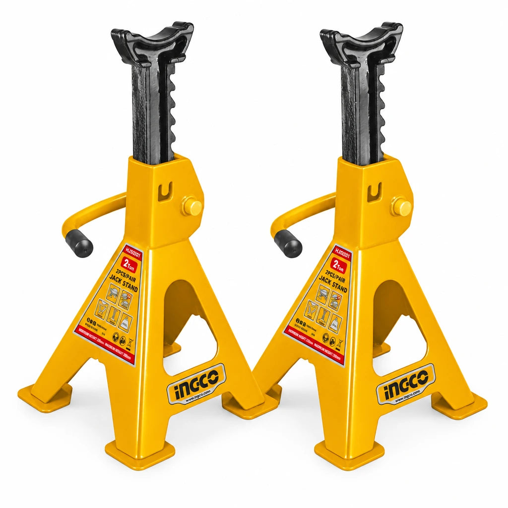 Ingco HJS0201 pair of yellow 2-ton adjustable automotive jack stands on a white background.
