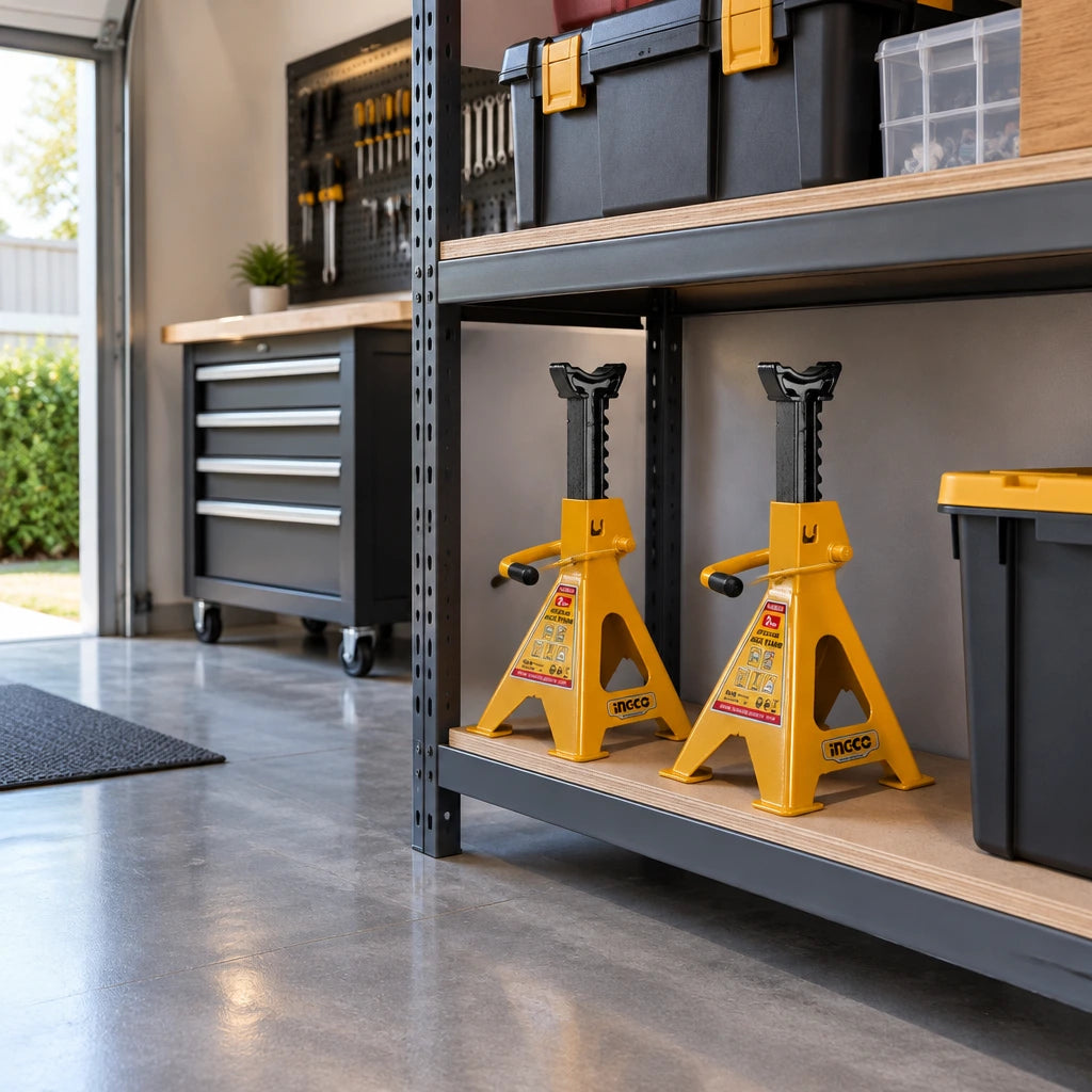 Pair of Ingco HJS0201 yellow jack stands stored on a shelf in an organised contemporary home garage.