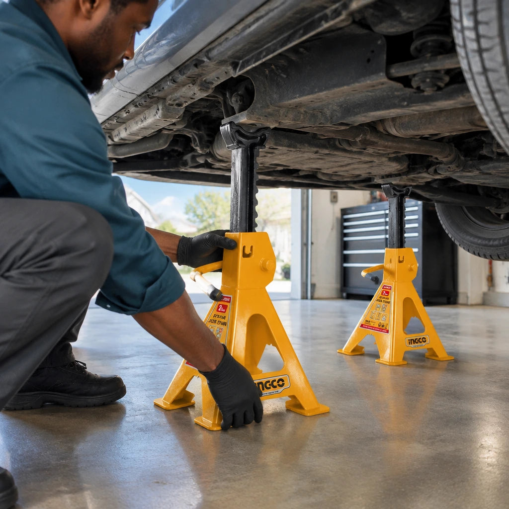 African American home mechanic positioning an Ingco HJS0201 jack stand beneath a raised vehicle in a clean garage.