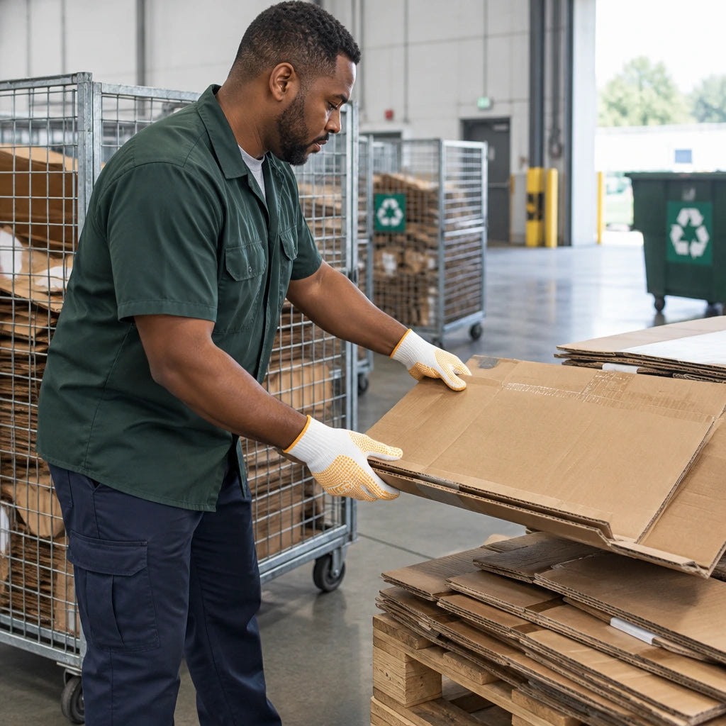 African American recycling worker wearing Ingco HGVK65 gloves while moving flattened cardboard to a pallet