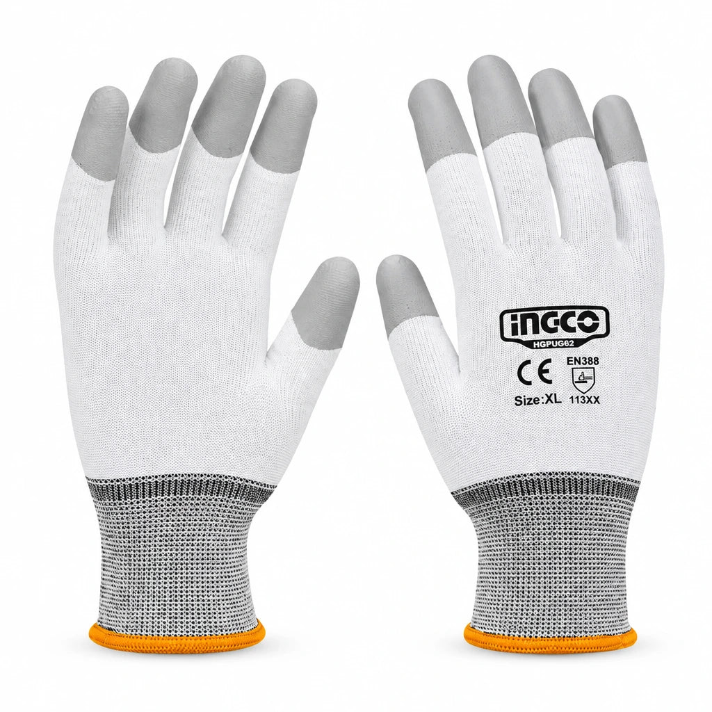 Ingco HGPUG62 XL pair of white PU fingertip-coated precision assembly gloves on white background