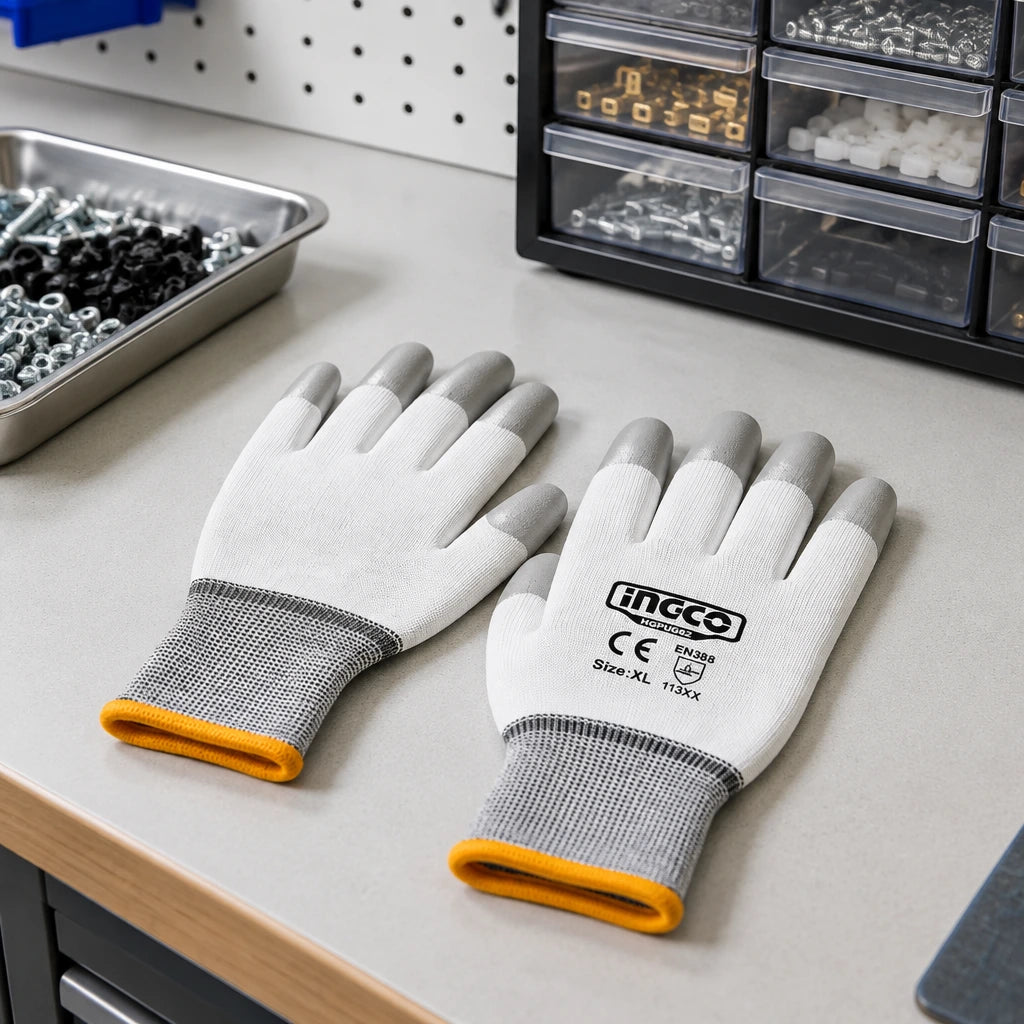Ingco HGPUG62 precision gloves resting on an organised small-parts assembly workstation
