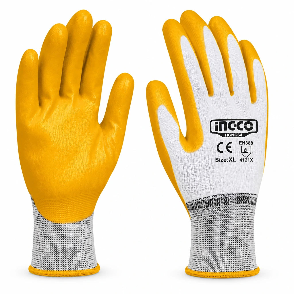 Ingco HGNG64 XL yellow nitrile-coated polyester work gloves, one pair on white background.