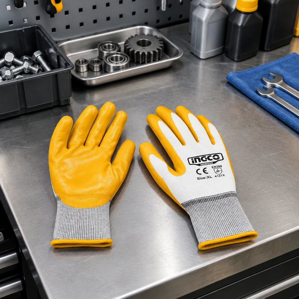 Ingco HGNG64 nitrile work gloves resting at an organised oil-assembly workstation.