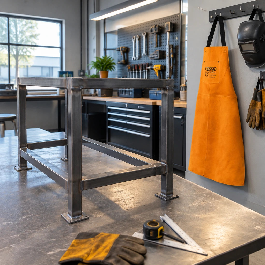 Completed steel support frame ready for inspection beside the Ingco HGVA03 leather welding apron in an organised fabrication workshop.