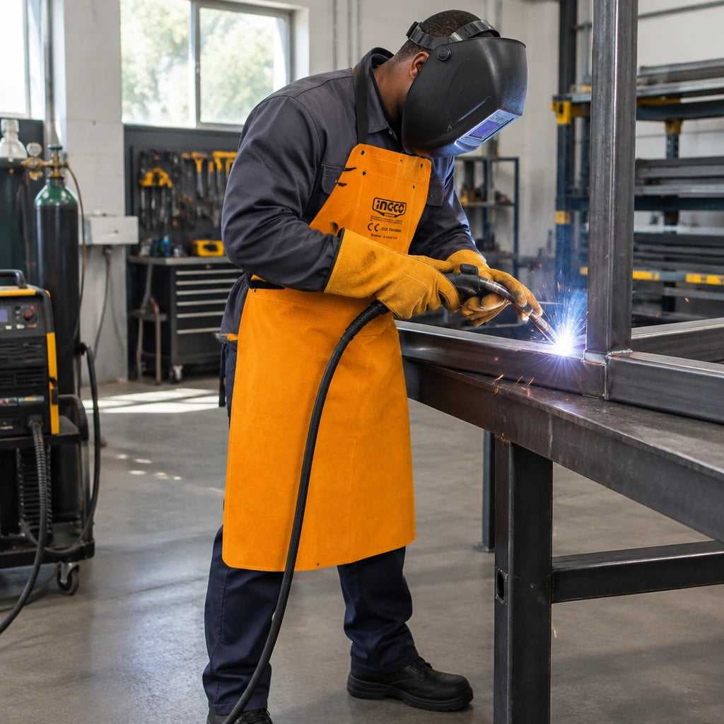 African American metal-fabrication technician wearing the Ingco HGVA03 leather apron while welding a secured steel frame joint.