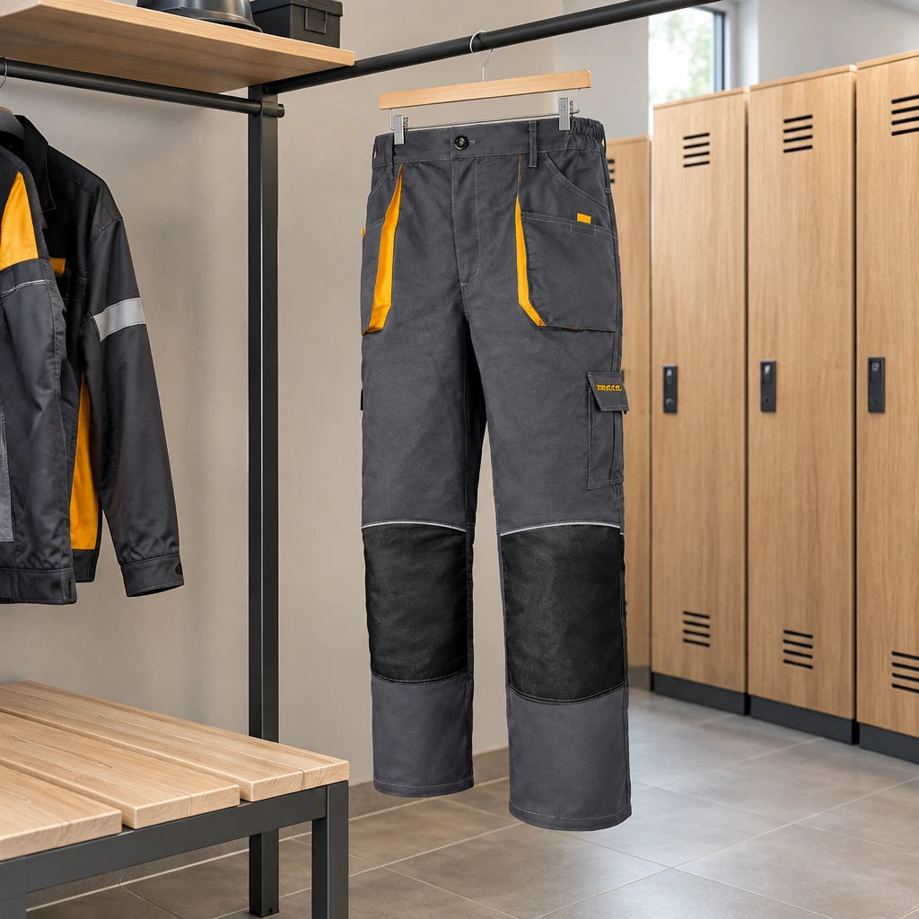 Ingco WUCT8022.L work trousers hanging ready in an organised professional maintenance locker room