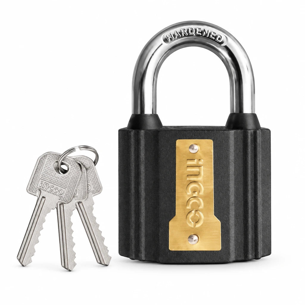 Ingco DIPL0401 38 mm black iron padlock with brass lock cylinder and three keys on a white background
