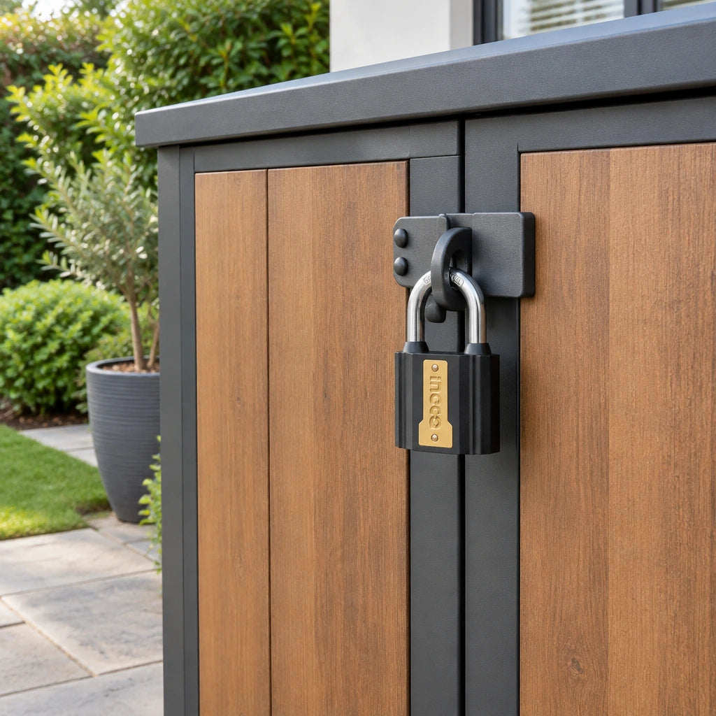 Ingco 38 mm padlock attached to a closed outdoor garden storage cabinet hasp
