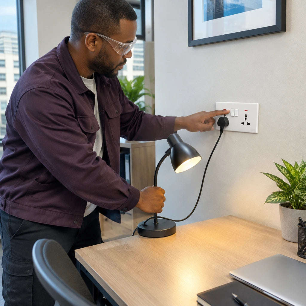 African American electrician tests a mounted Wadfow 2-gang universal socket with a desk lamp in a modern office