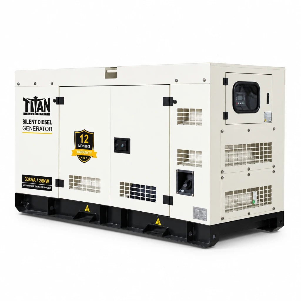 Titan 33kVA three-phase silent diesel generator with cream enclosure, black base and integrated controller on white background