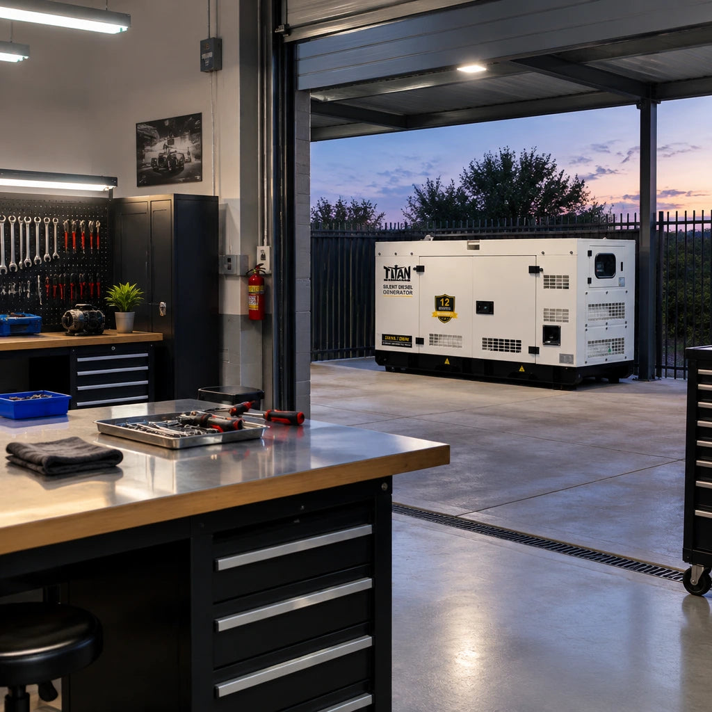 Illuminated equipment-repair workshop remains operational beside a resting Titan silent diesel generator at dusk.