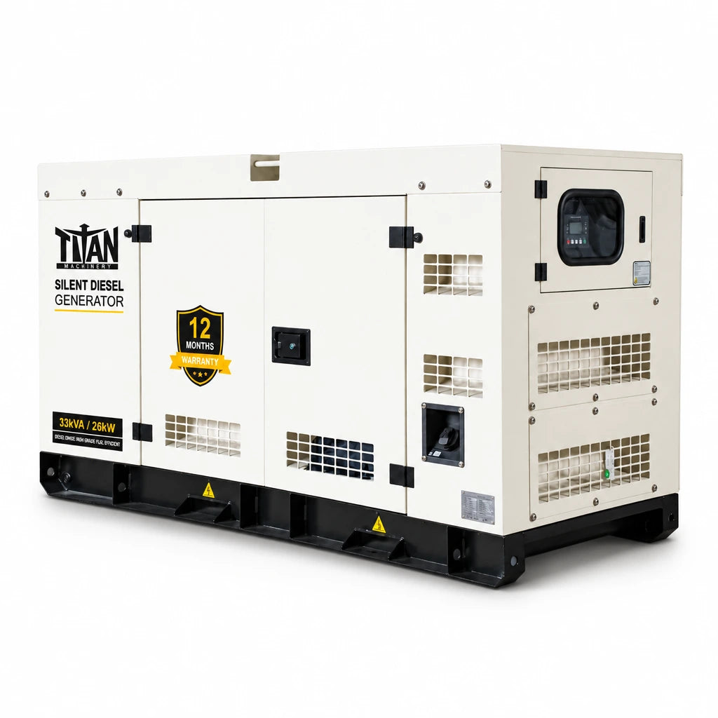 Titan silent diesel generator in white acoustic enclosure with front controller and ventilation grilles on a white background.