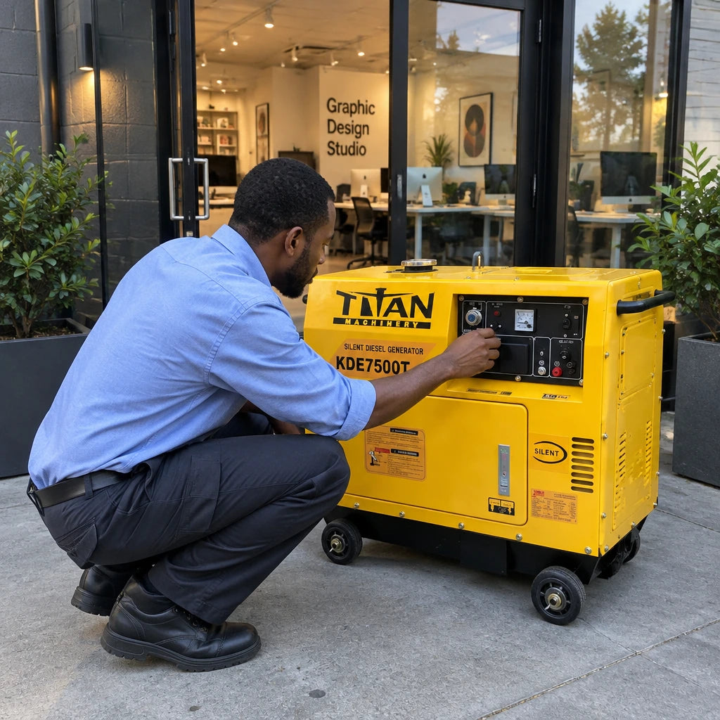 African American small-business operator monitoring a Titan KDE7500T diesel generator powering selected office equipment beside a design studio.