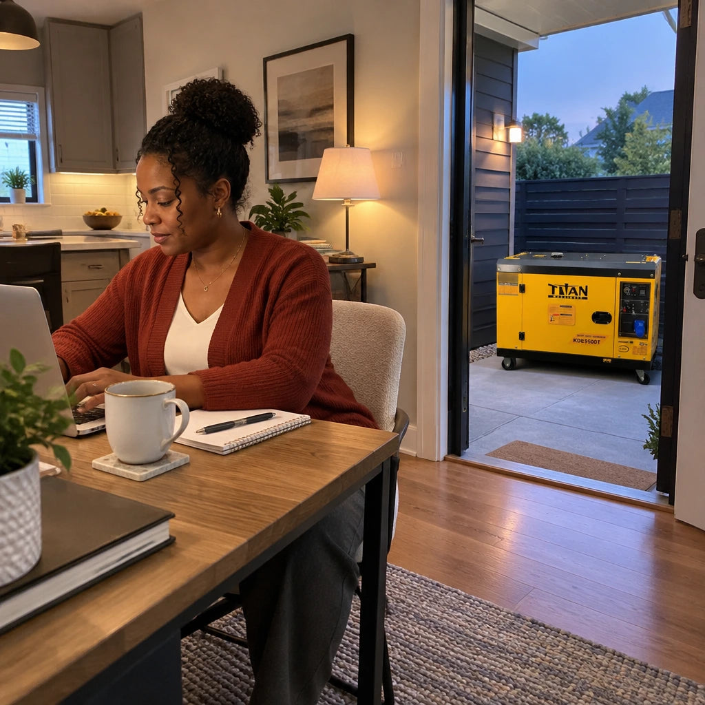 Homeowner working calmly in a lit home office while a Titan diesel generator provides outdoor backup power