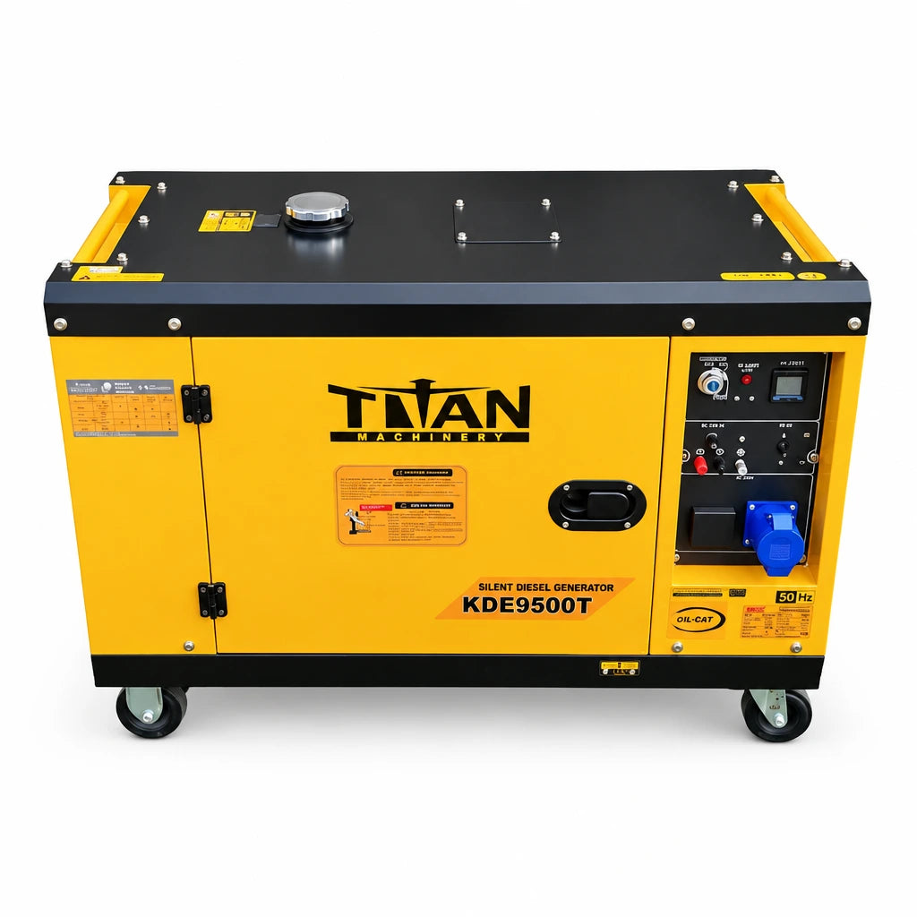 Titan 6.5kW yellow silent diesel generator with electric start and digital control panel on a white background