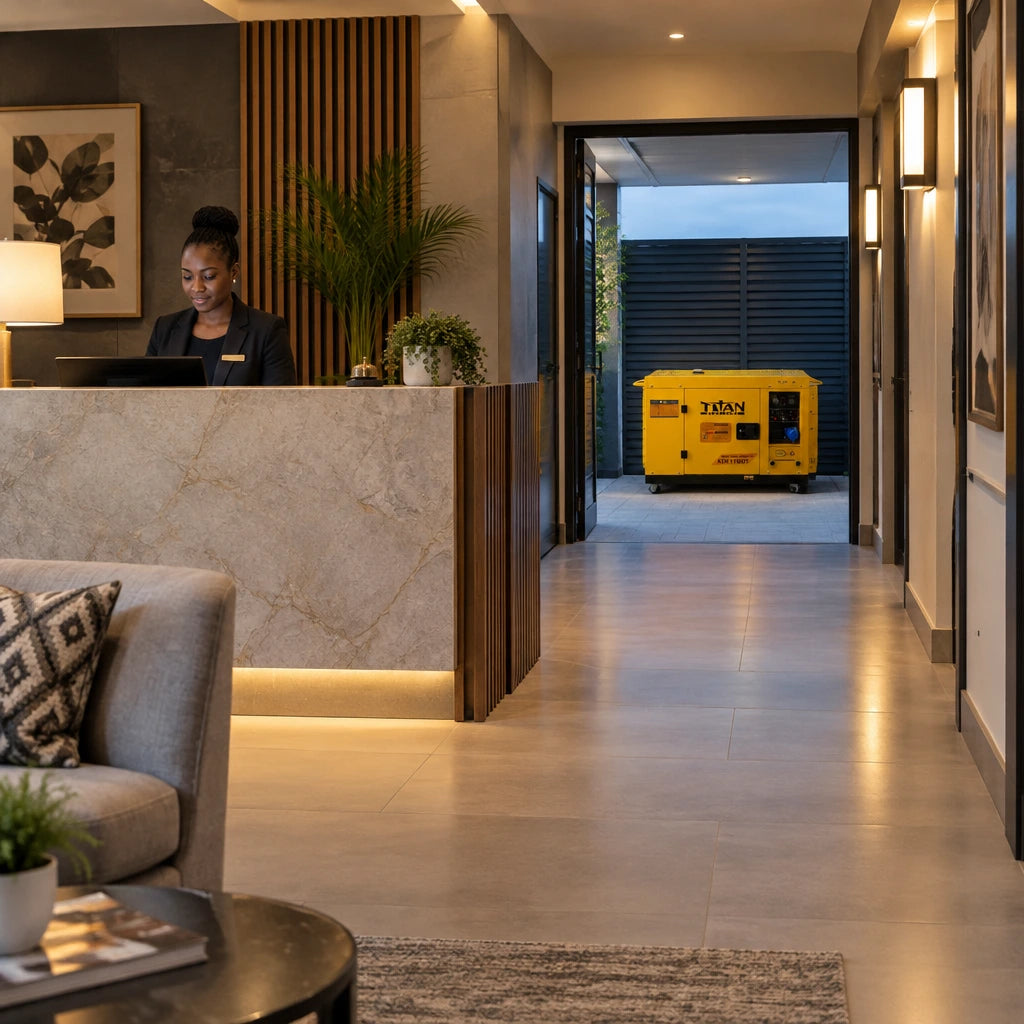 Boutique hospitality reception remains lit while a Titan silent diesel generator rests in the nearby service bay