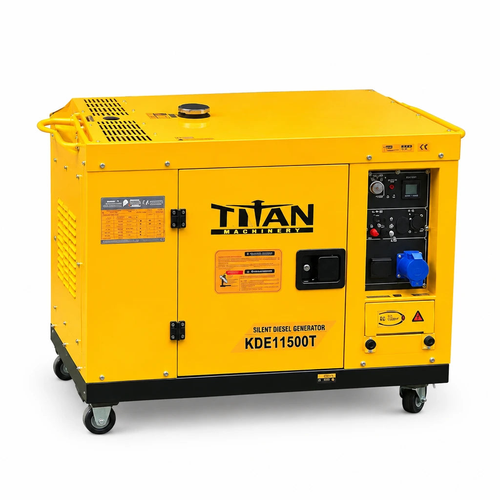 Titan 8.5kW silent single-phase diesel generator with electric start and 25L fuel tank on a white background