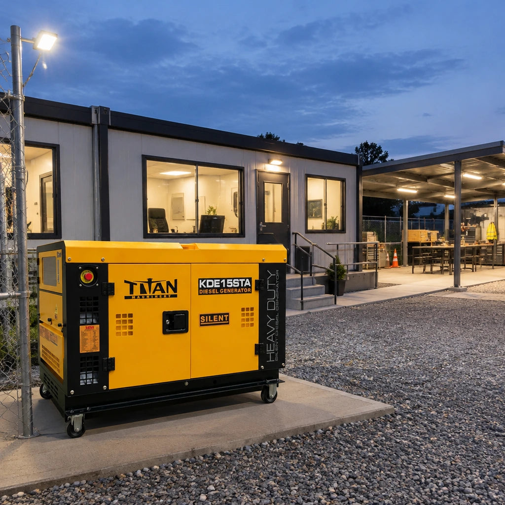 Titan enclosed diesel generator resting beside a clean, illuminated commercial construction site ready for continued work.