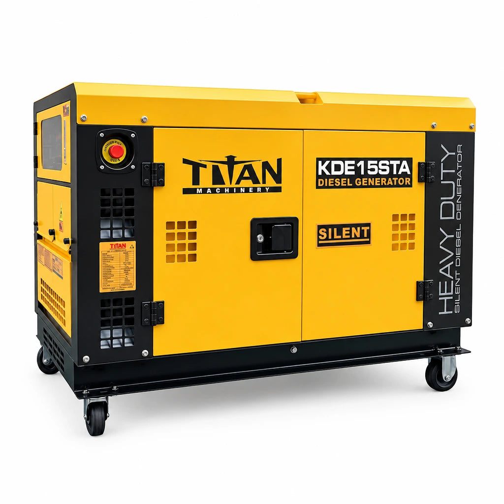 Titan yellow-and-black enclosed diesel generator on casters with visible Titan and KDE15STA branding against white background.