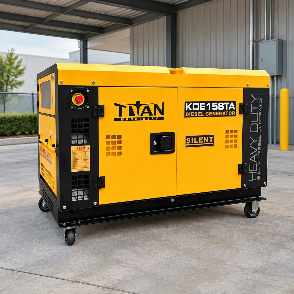 Titan enclosed diesel generator parked on casters in a ventilated commercial property service yard.