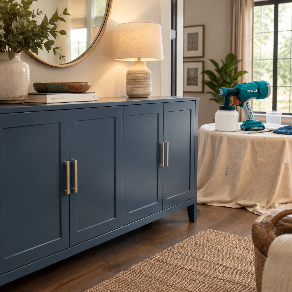 Freshly refinished cabinet in a contemporary home with the Total cordless spray gun nearby